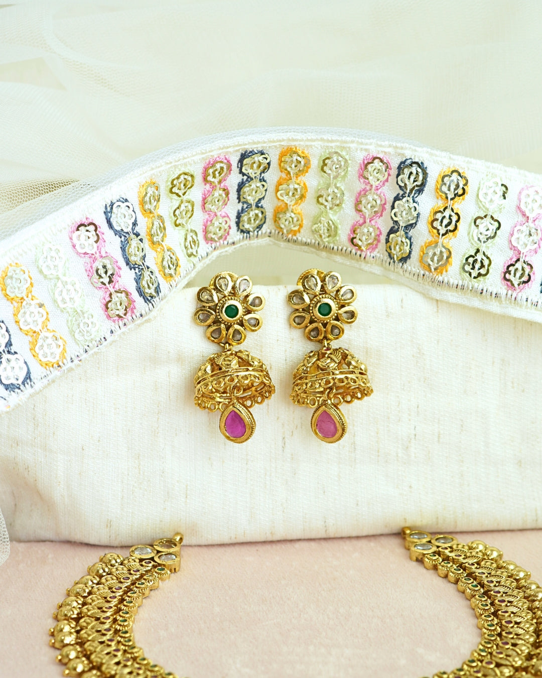 Gold-Plated Antique Floral Stone Studded Antique Necklace Set