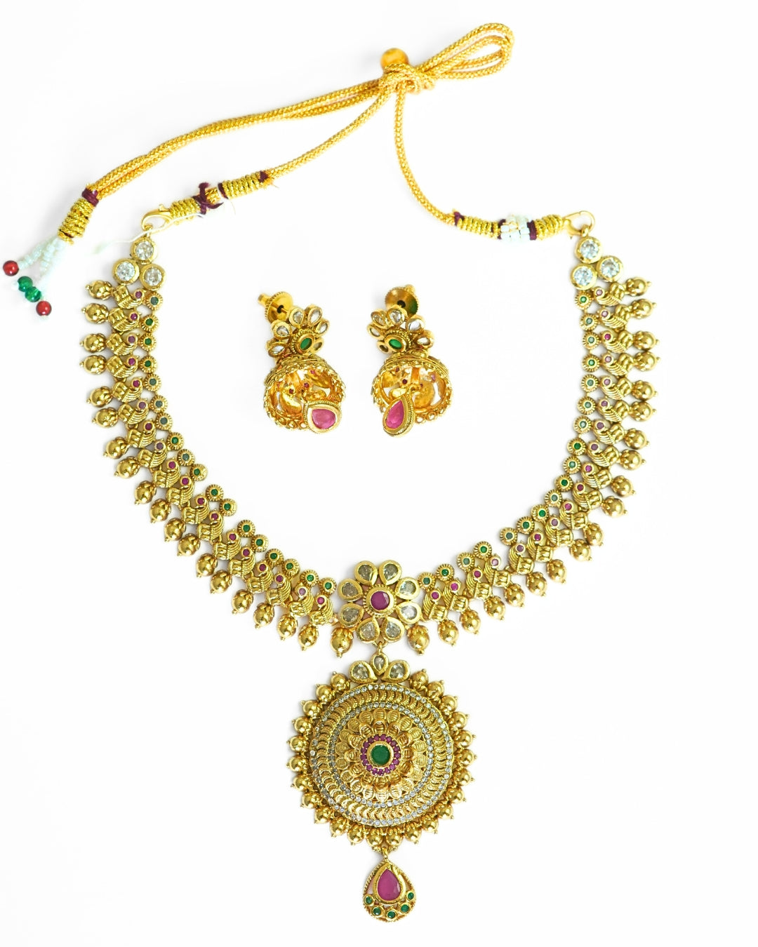 Gold-Plated Antique Floral Stone Studded Antique Necklace Set
