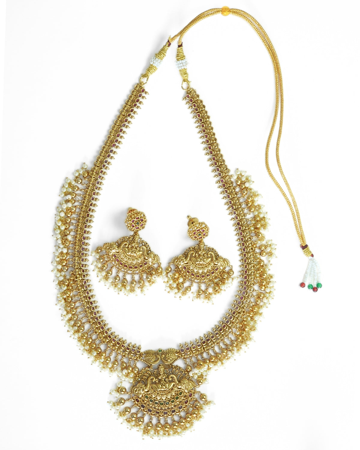 Long Temple Gold-Plated Red Stone & White Beaded Antique Necklace Set