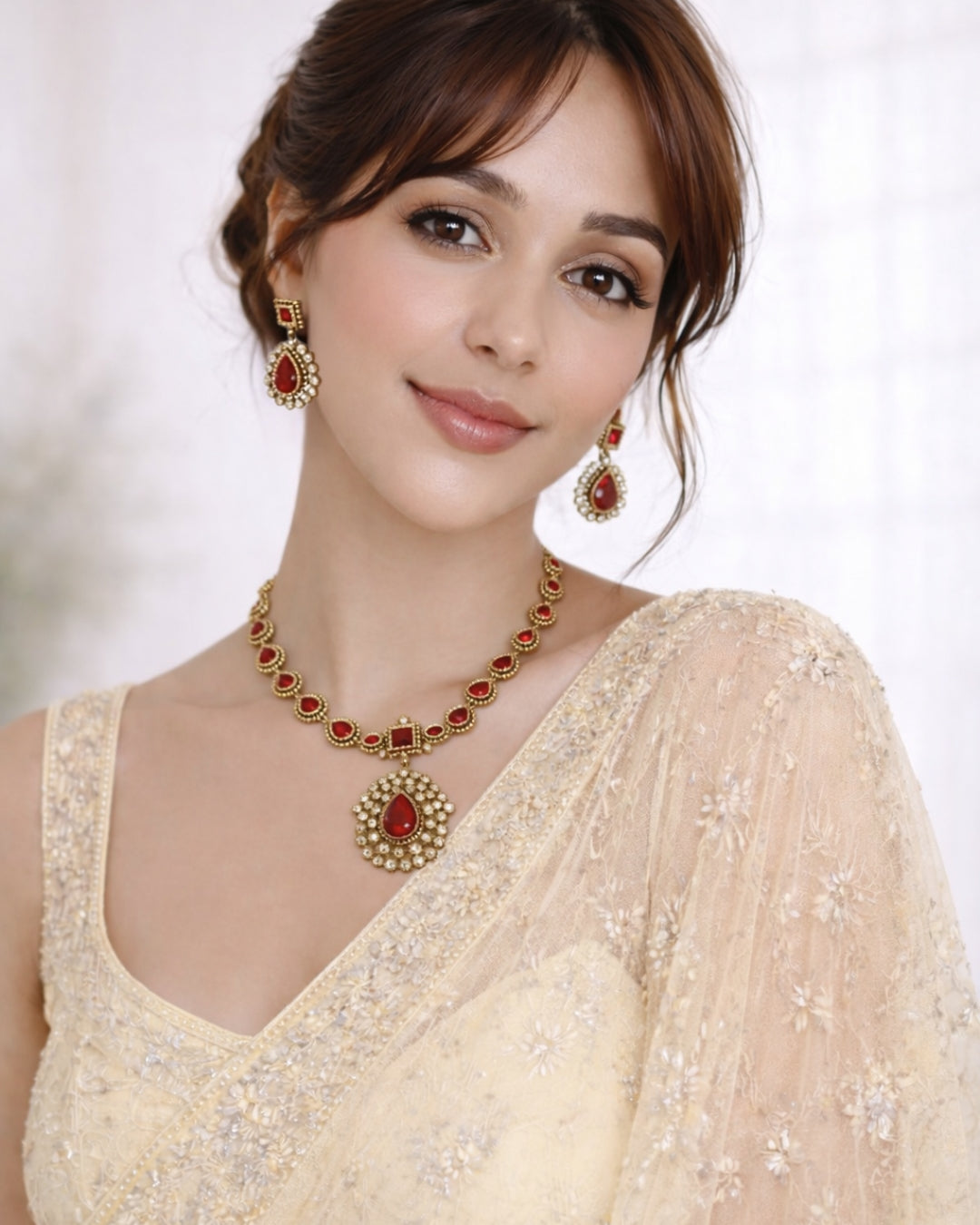 Gold-Plated Ruby n AD Antique Necklace Set