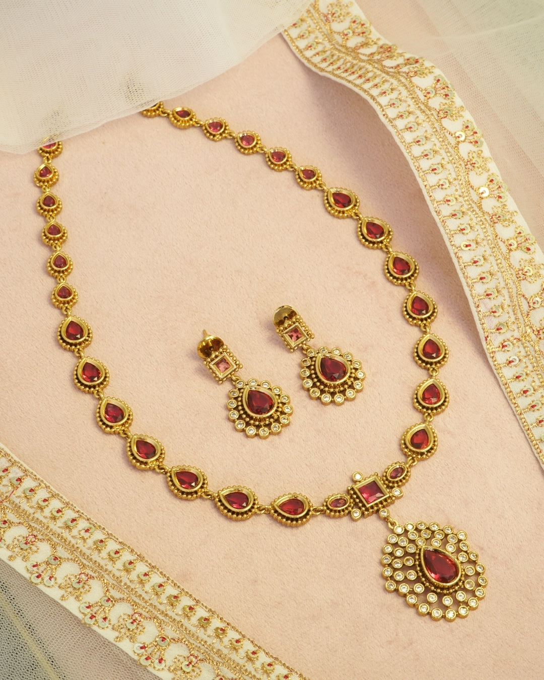 Gold-Plated Ruby n AD Antique Necklace Set