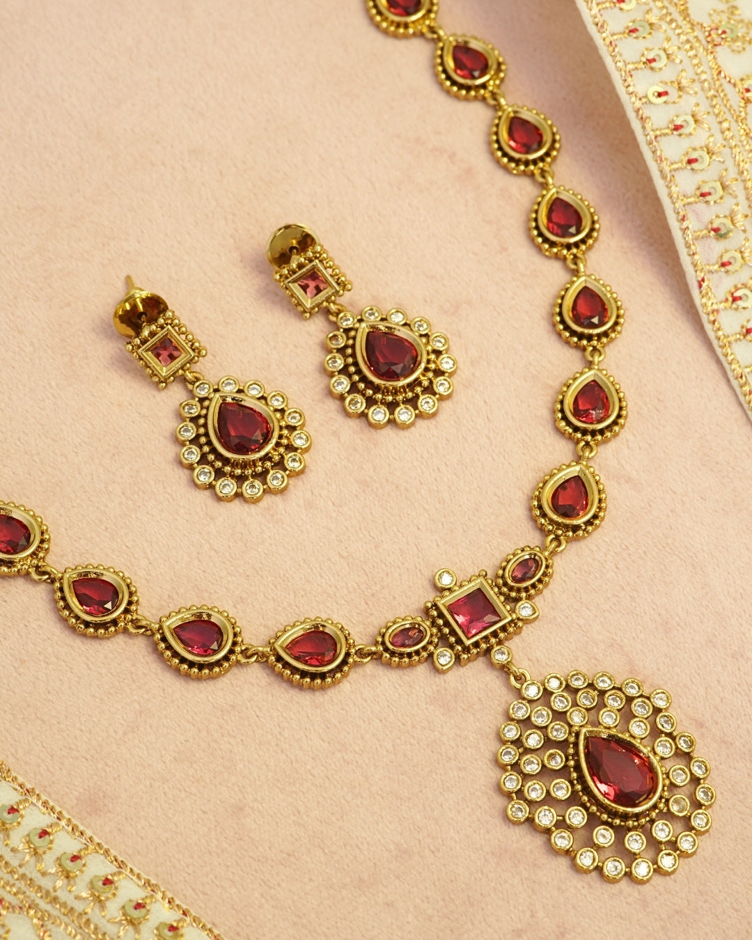 Gold-Plated Ruby n AD Antique Necklace Set