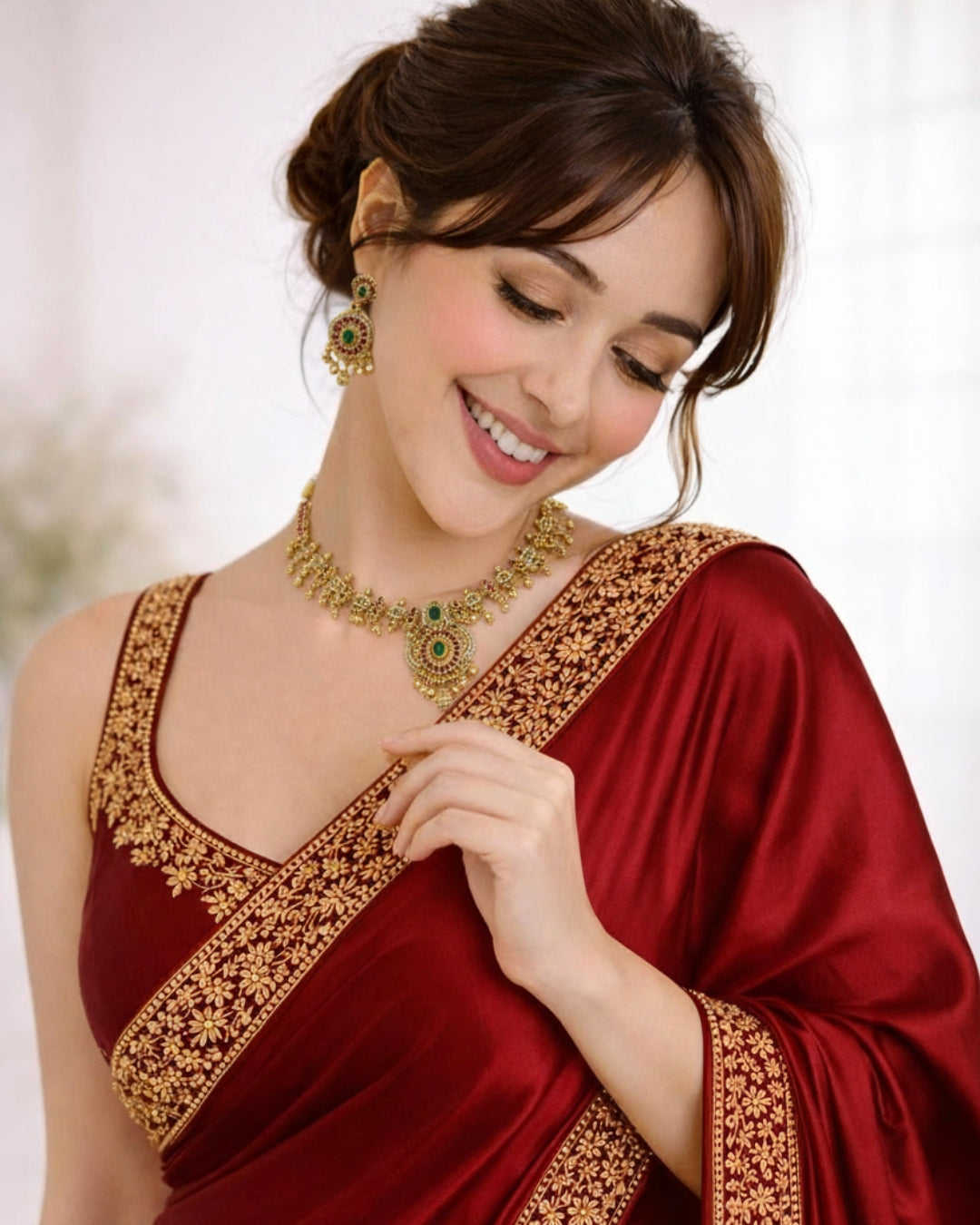 Gold-Plated AD n Emerald Antique Necklace Set