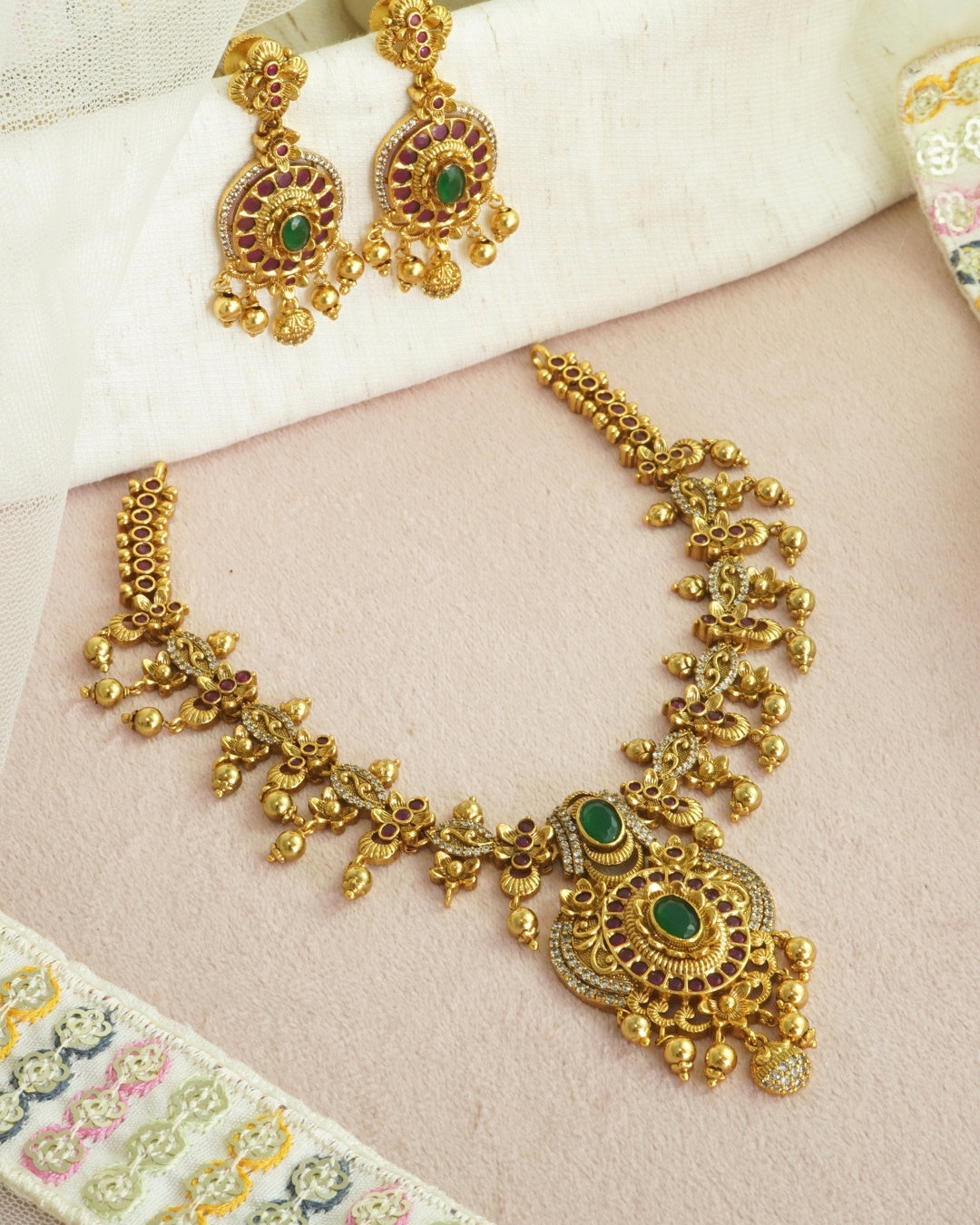 Gold-Plated AD n Emerald Antique Necklace Set