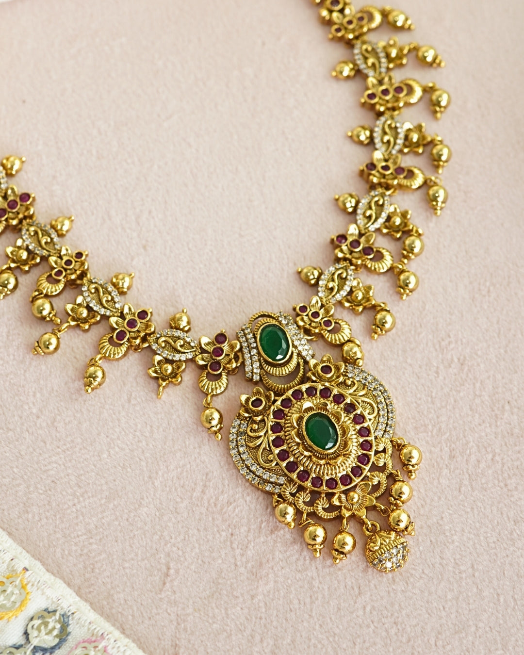 Gold-Plated AD n Emerald Antique Necklace Set