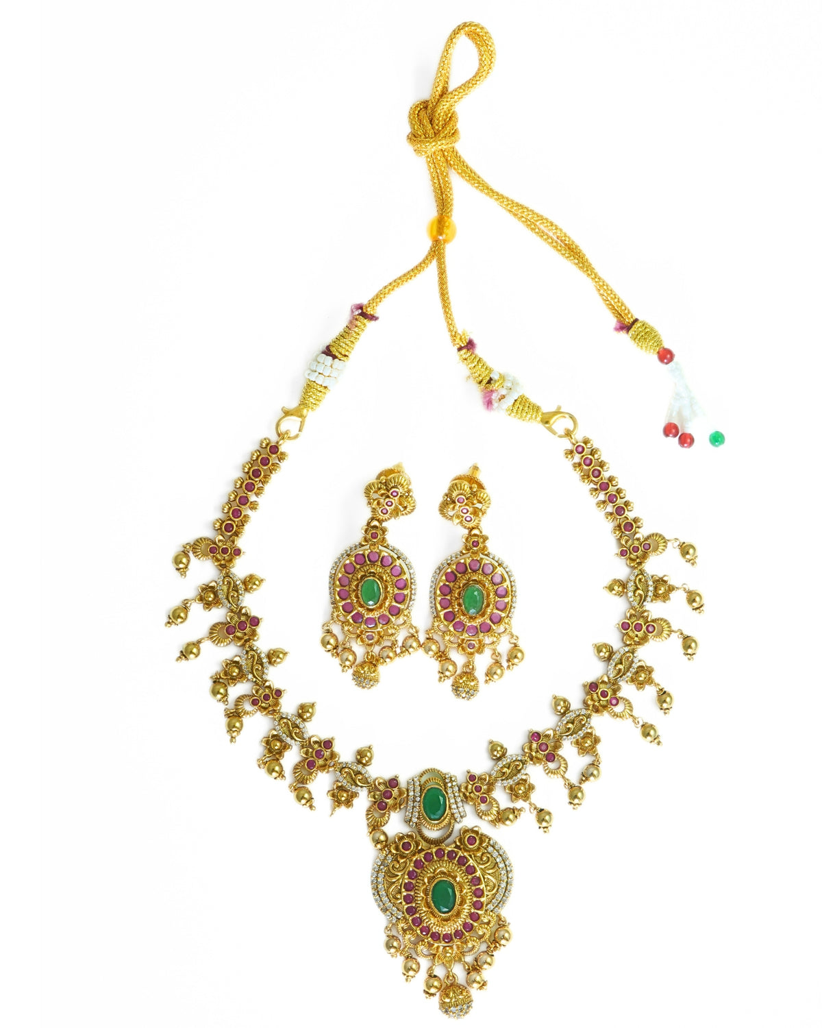 Gold-Plated AD n Emerald Antique Necklace Set