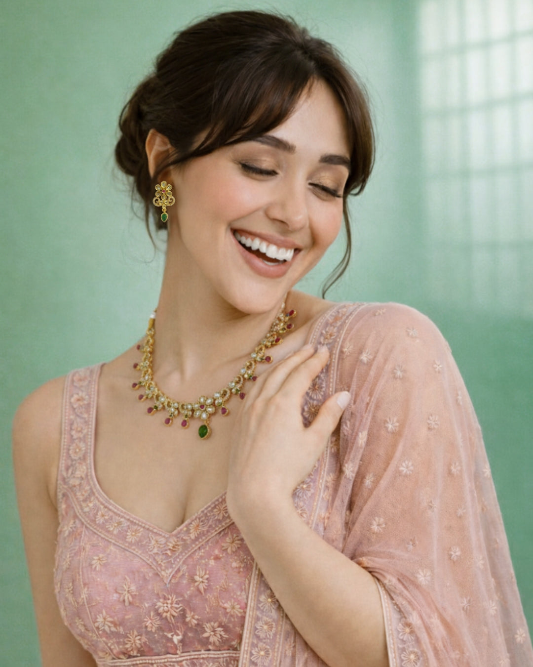 Multi-Stone Studded Gold-Plated Necklace & Earrings