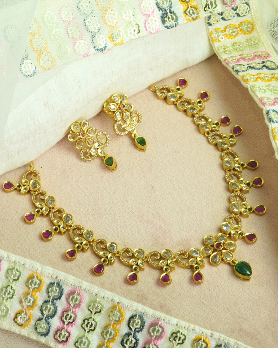 Multi-Stone Studded Gold-Plated Necklace & Earrings