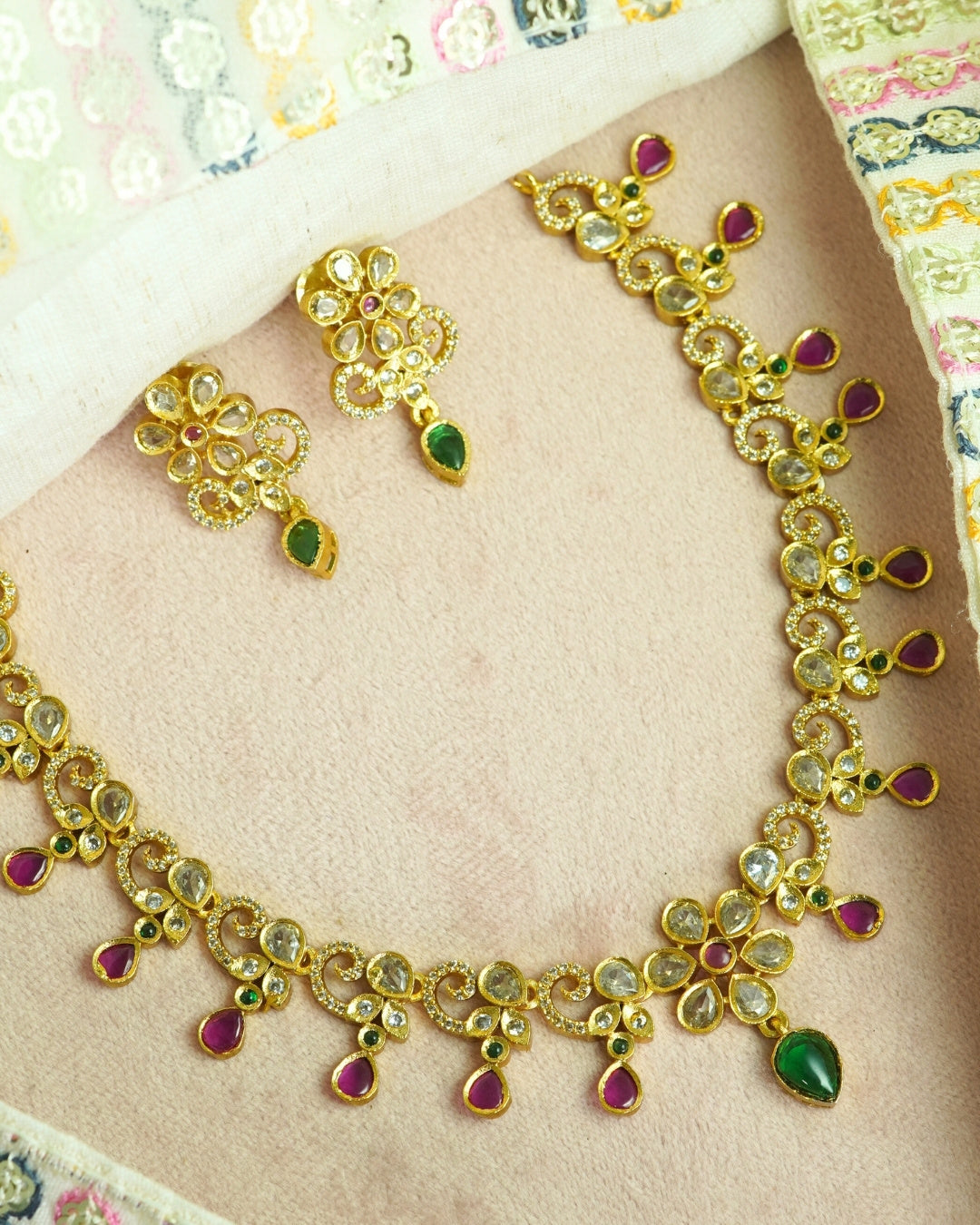 Multi-Stone Studded Gold-Plated Necklace & Earrings