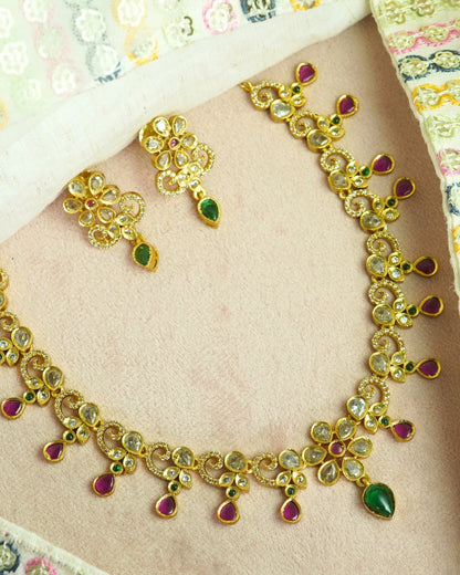 Multi-Stone Studded Gold-Plated Necklace & Earrings