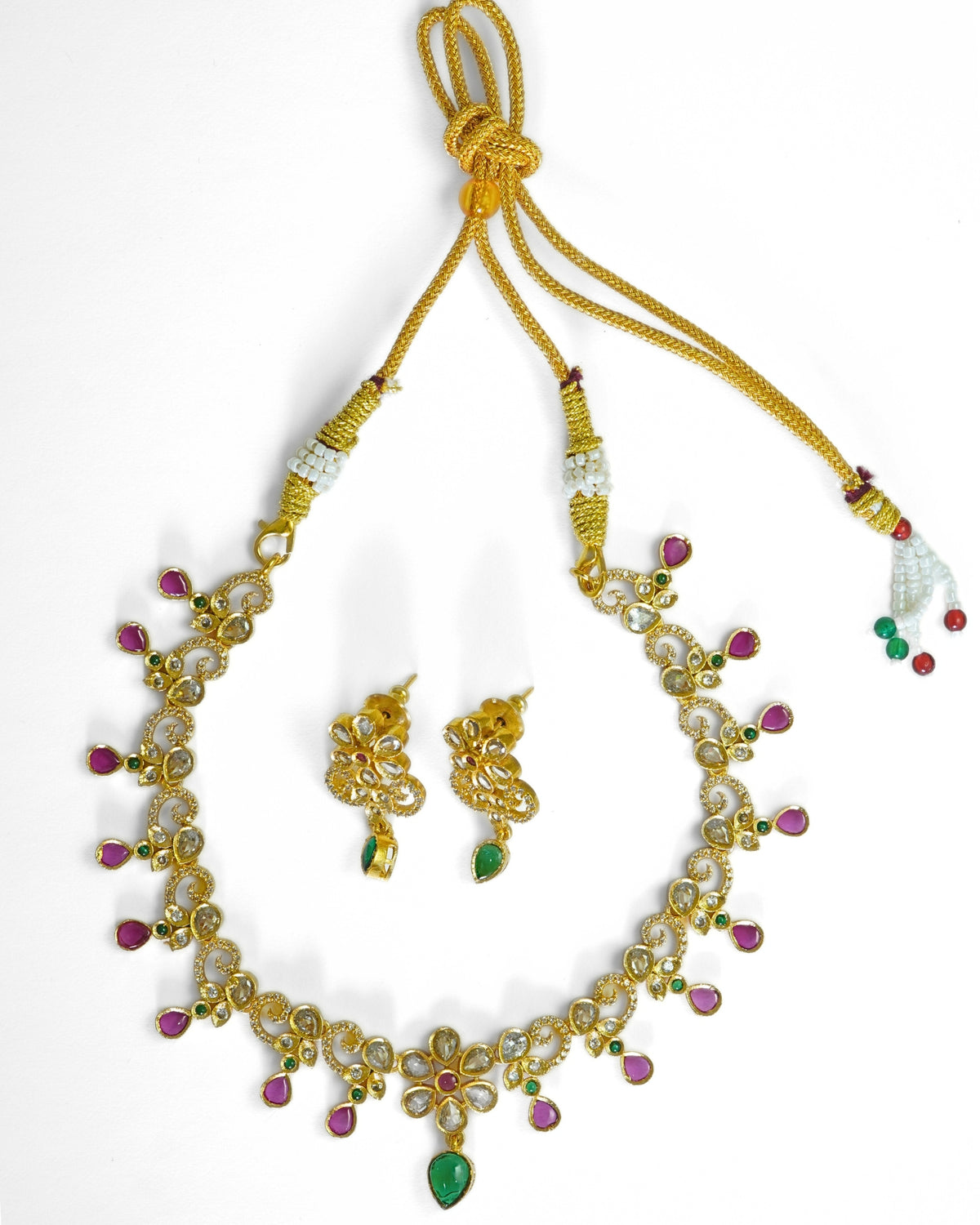 Multi-Stone Studded Gold-Plated Necklace & Earrings