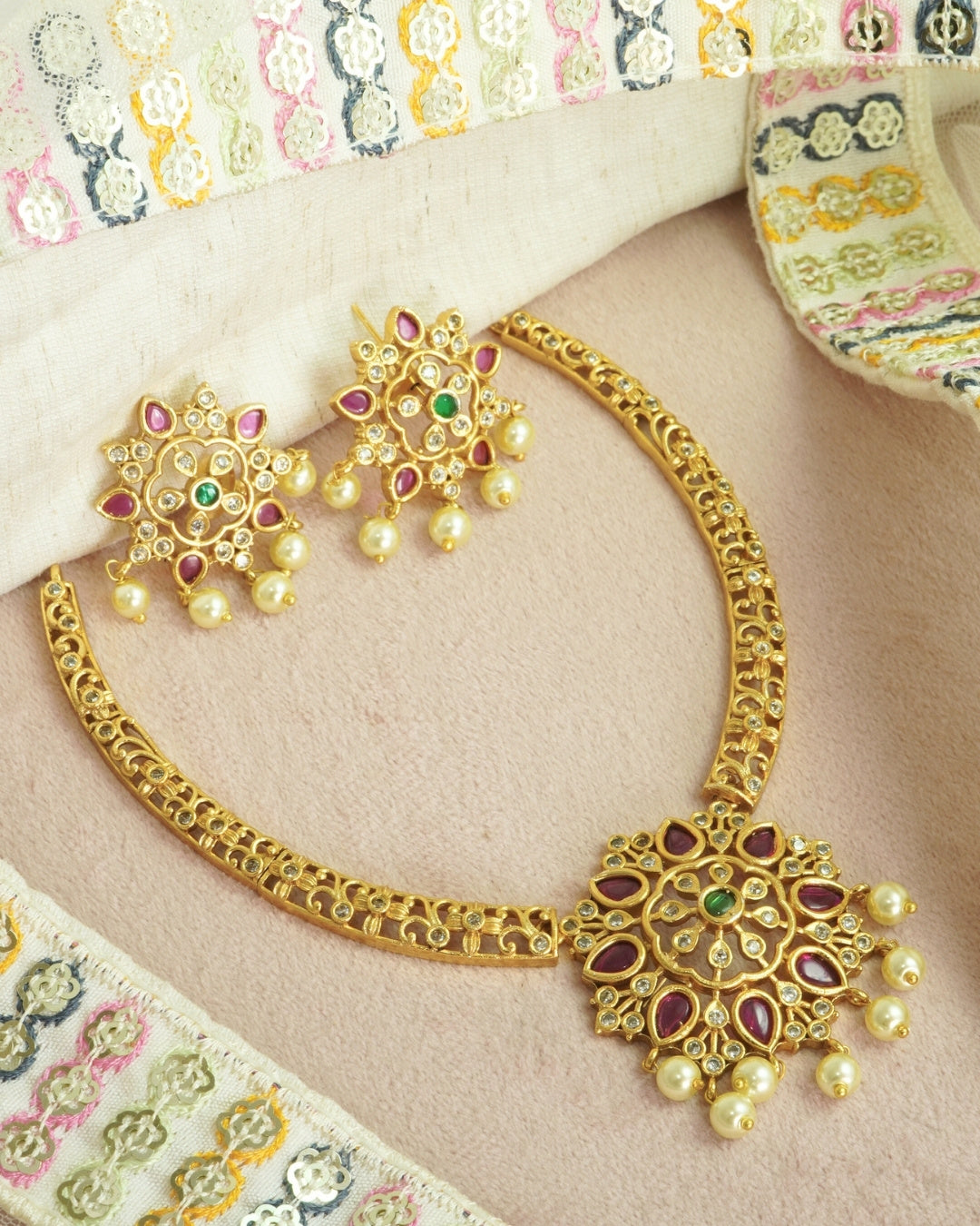 Floral Gold-Plated AD, Red & Green Crystal Necklace Set