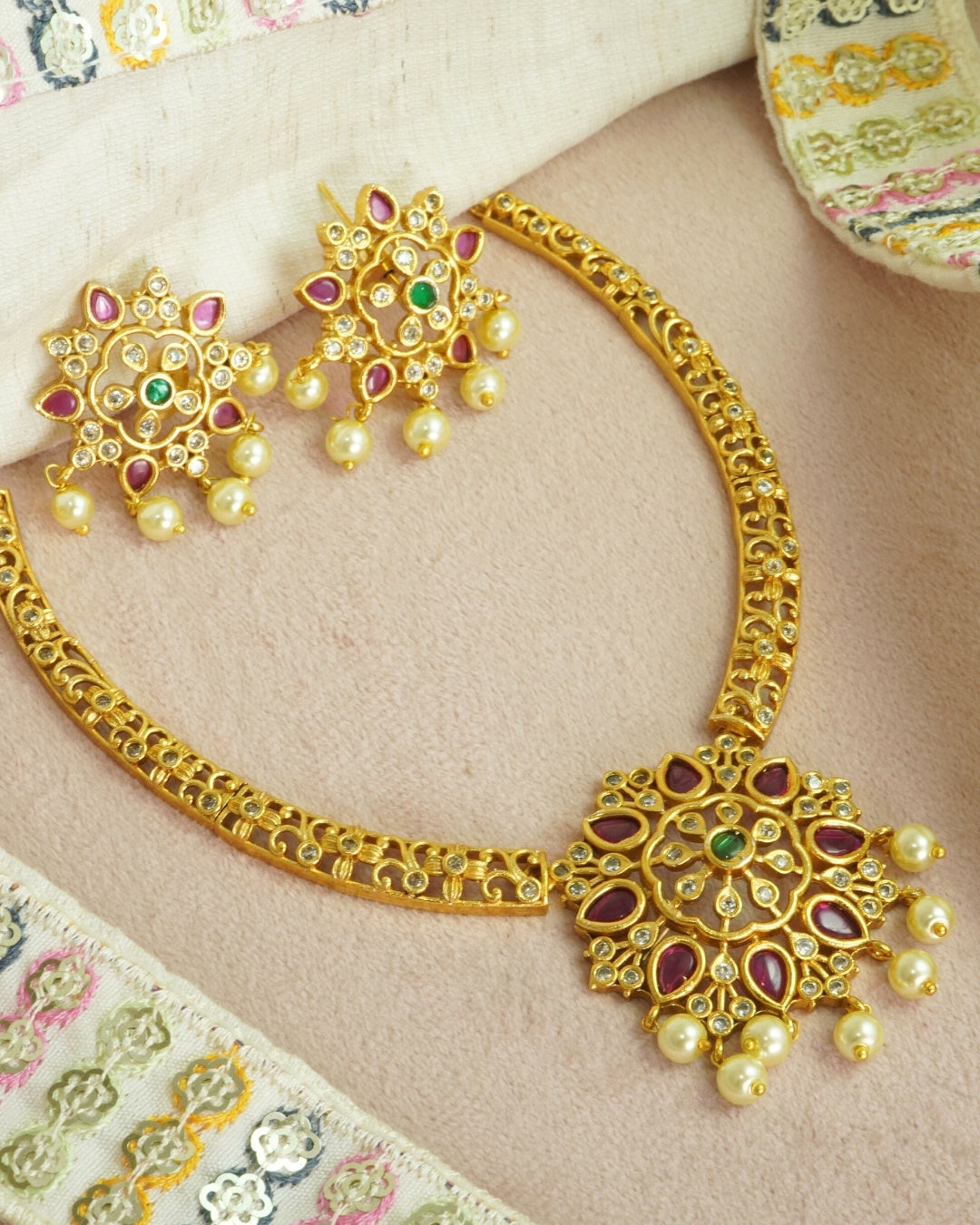 Floral Gold-Plated AD, Red & Green Crystal Necklace Set