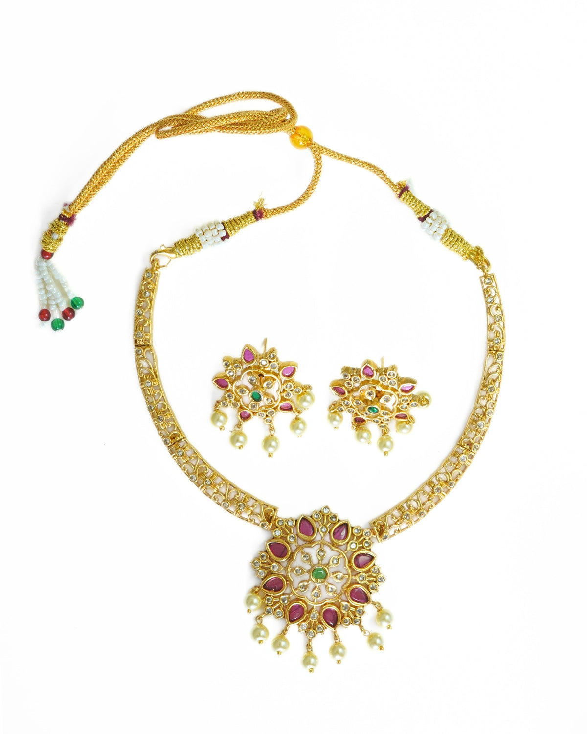 Floral Gold-Plated AD, Red & Green Crystal Necklace Set