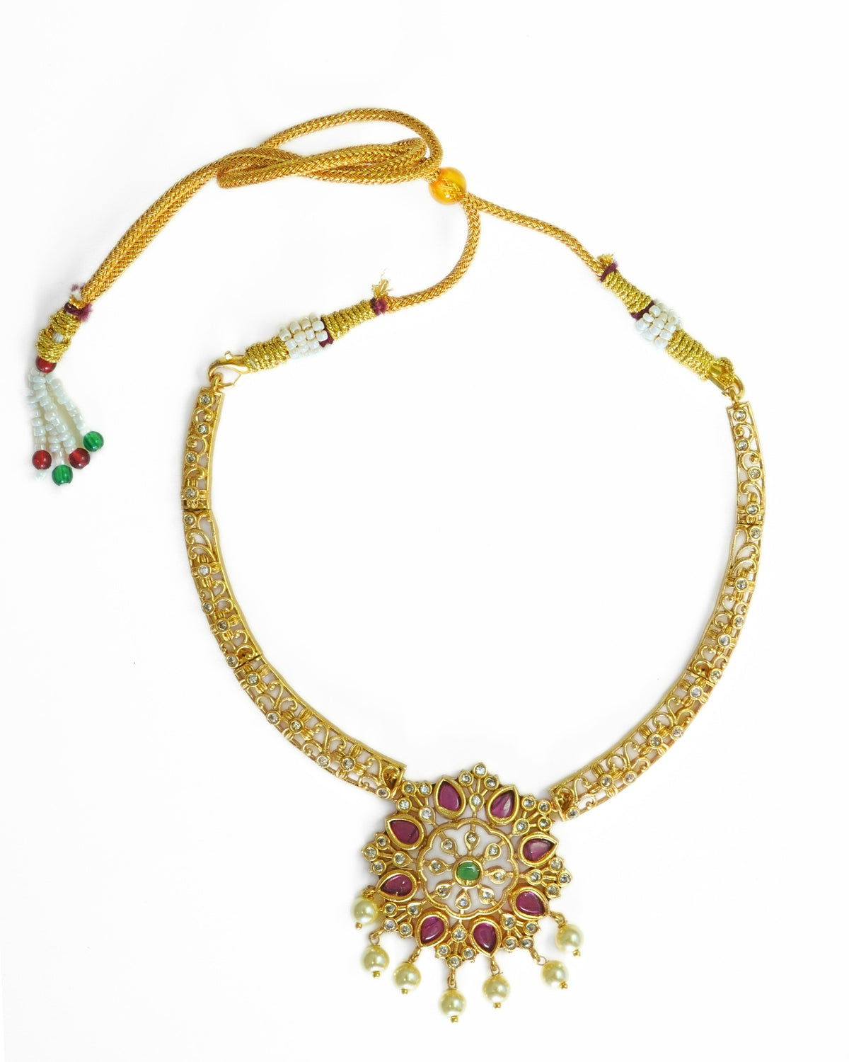 Floral Gold-Plated AD, Red & Green Crystal Necklace Set