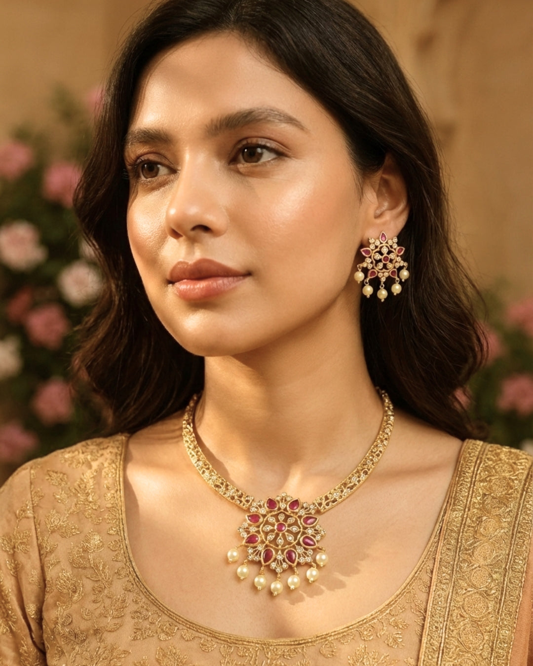Gold-Plated Floral AD & Red Crystal Hasli Style Necklace Set