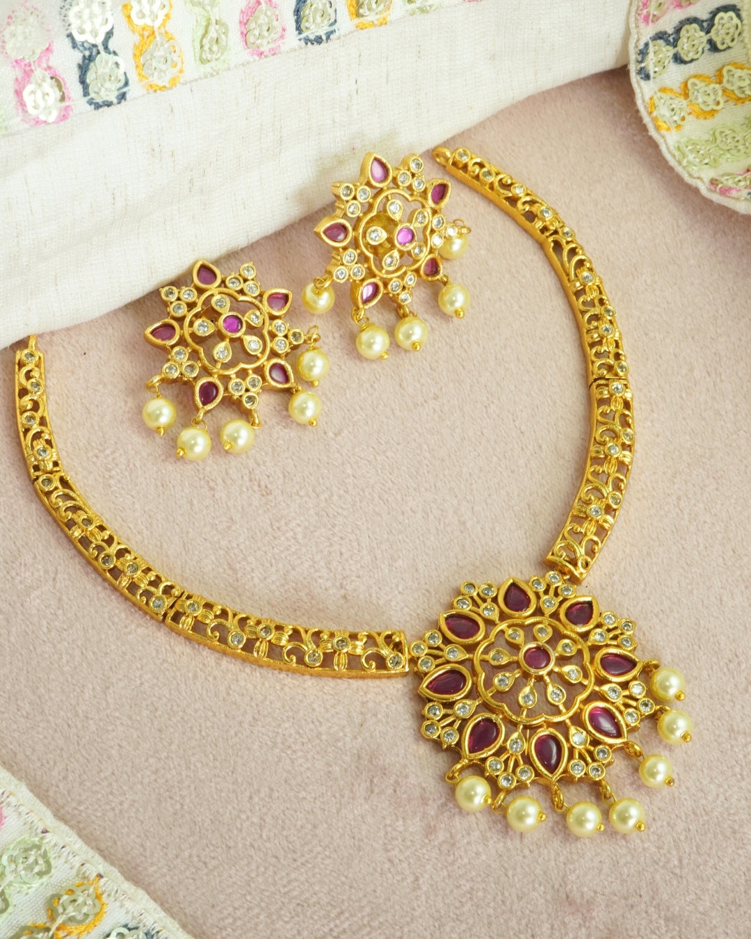 Gold-Plated Floral AD & Red Crystal Hasli Style Necklace Set