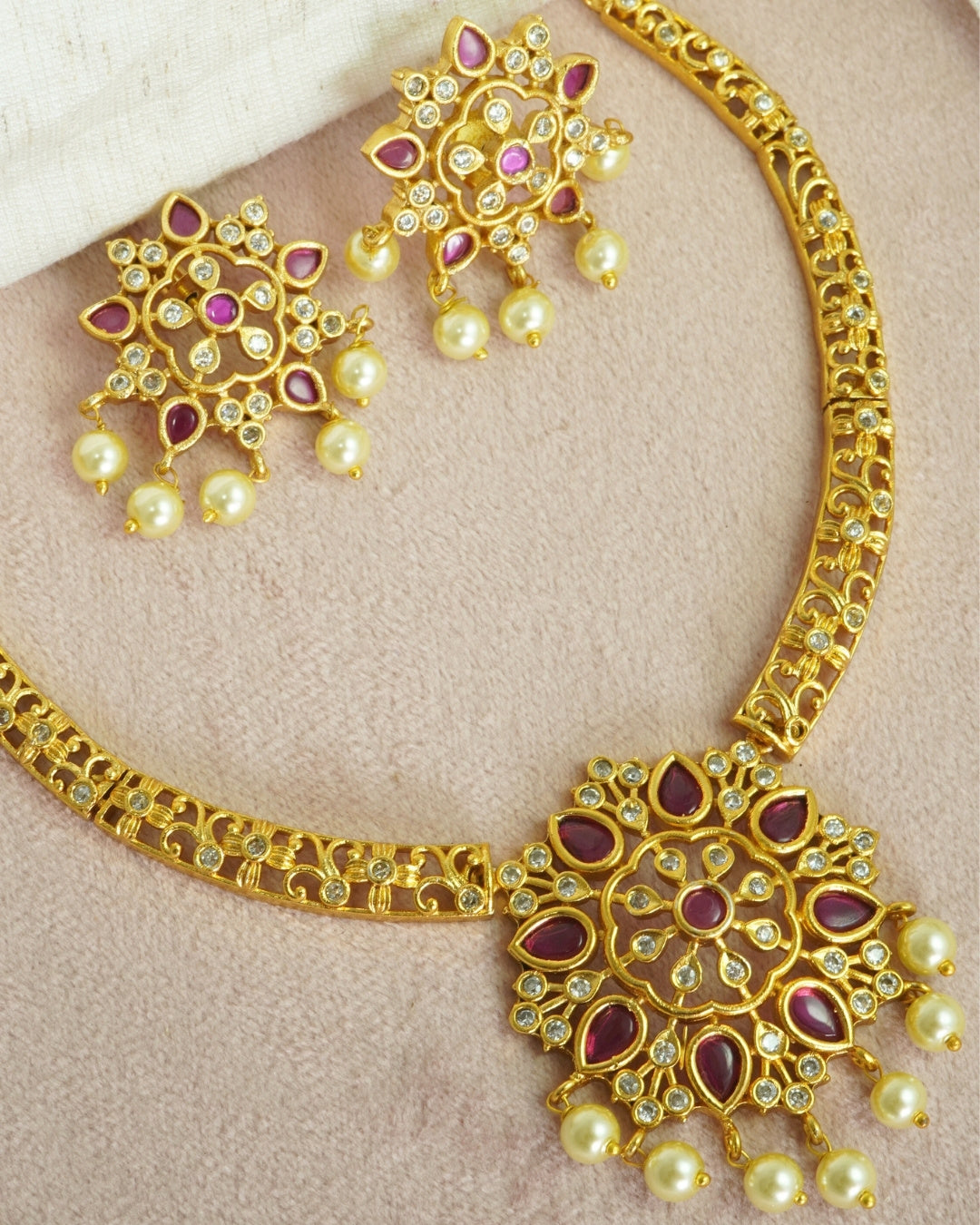 Gold-Plated Floral AD & Red Crystal Hasli Style Necklace Set