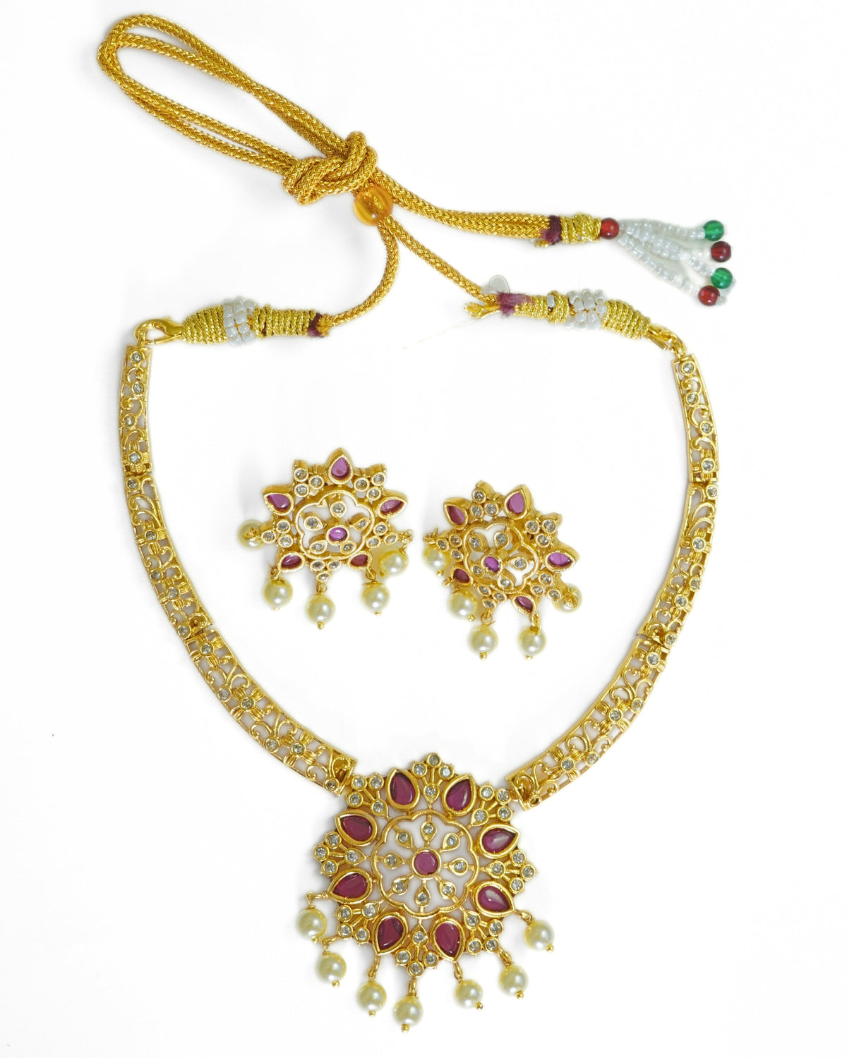 Gold-Plated Floral AD & Red Crystal Hasli Style Necklace Set