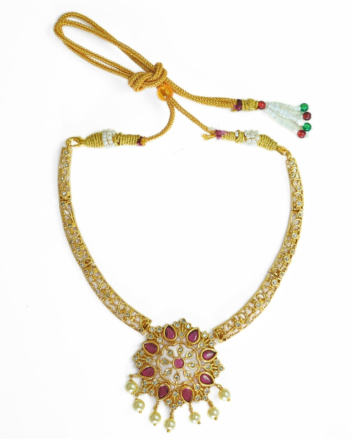 Gold-Plated Floral AD & Red Crystal Hasli Style Necklace Set