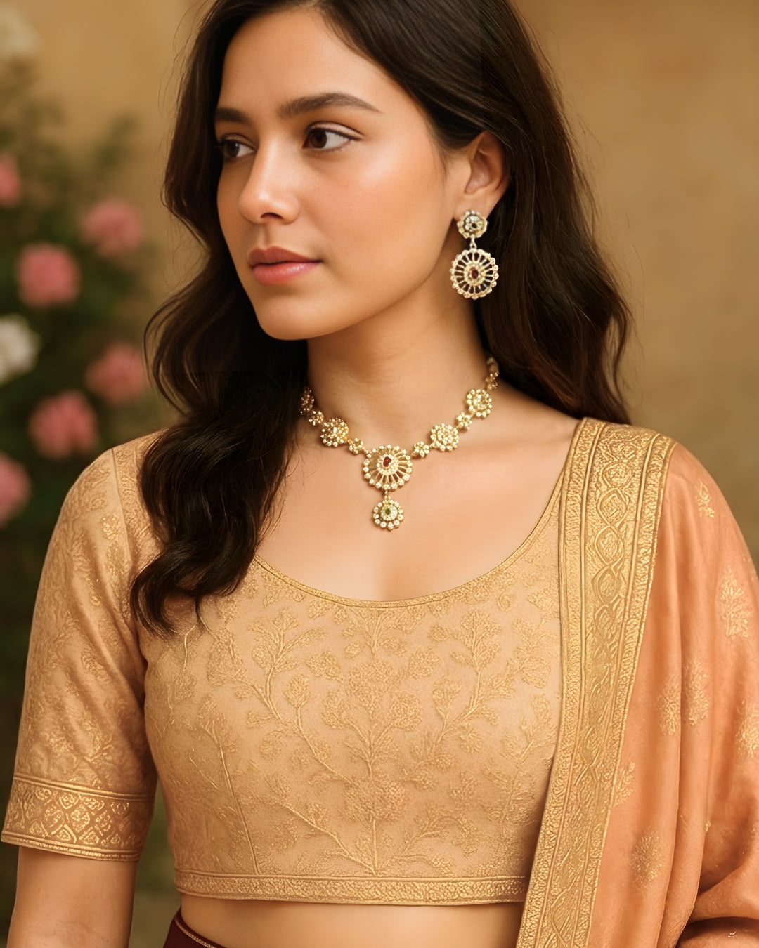Floral American Diamond Gold-Plated Necklace Set