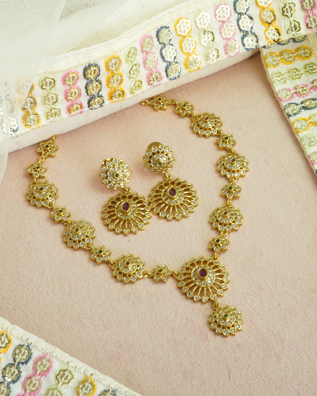 Floral American Diamond Gold-Plated Necklace Set