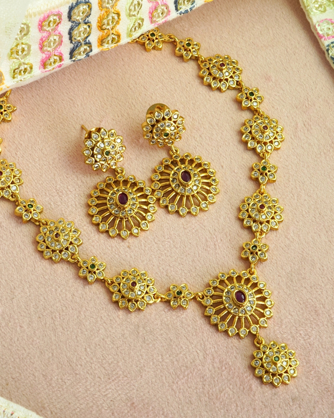 Floral American Diamond Gold-Plated Necklace Set