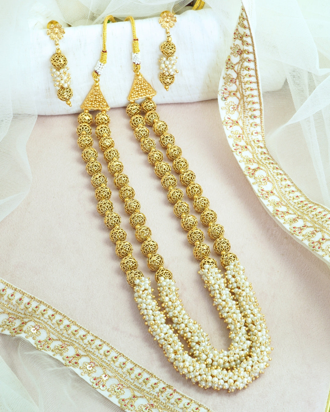 2-Layered Gold-Plated White Beaded Long Necklace Set