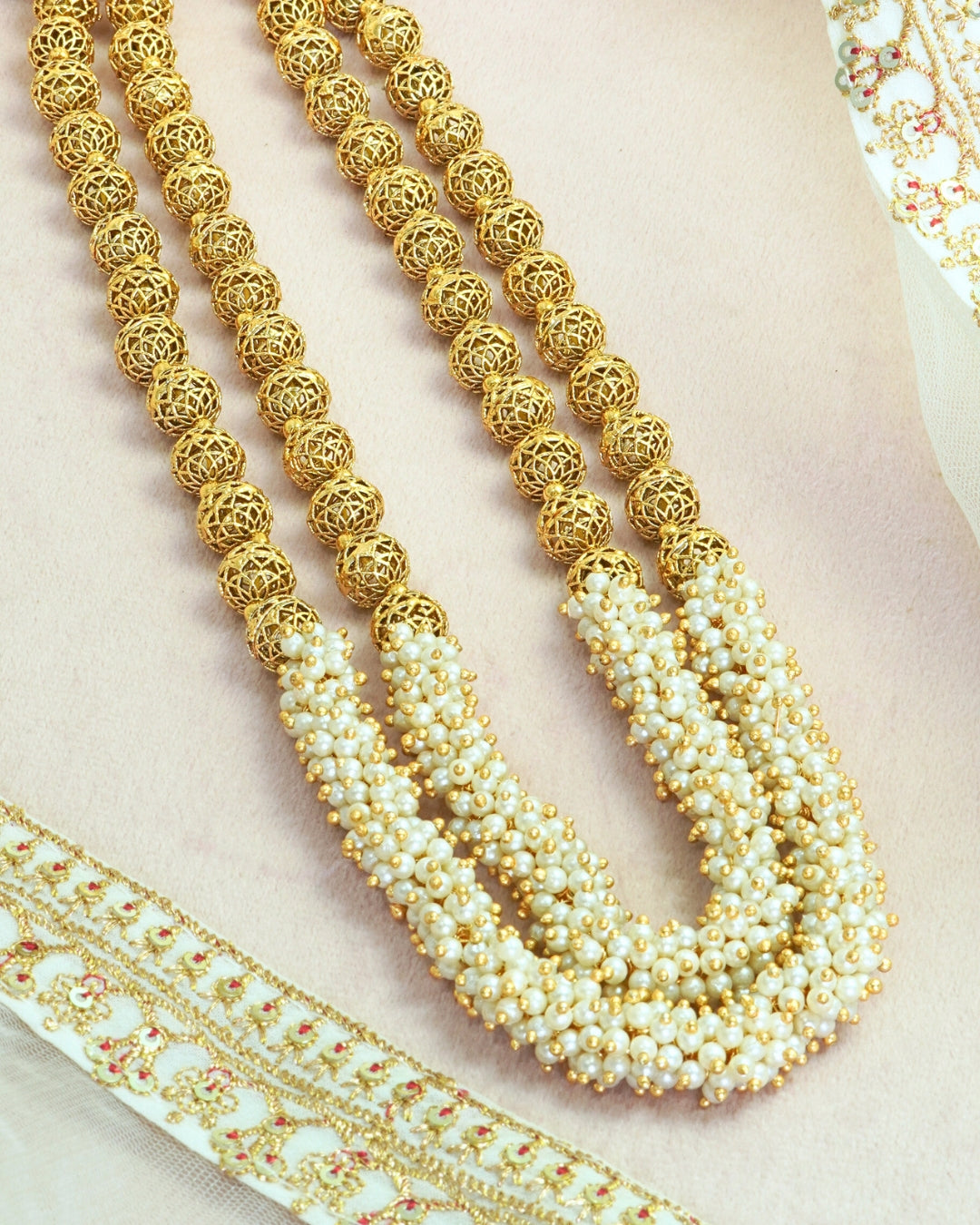 2-Layered Gold-Plated White Beaded Long Necklace Set