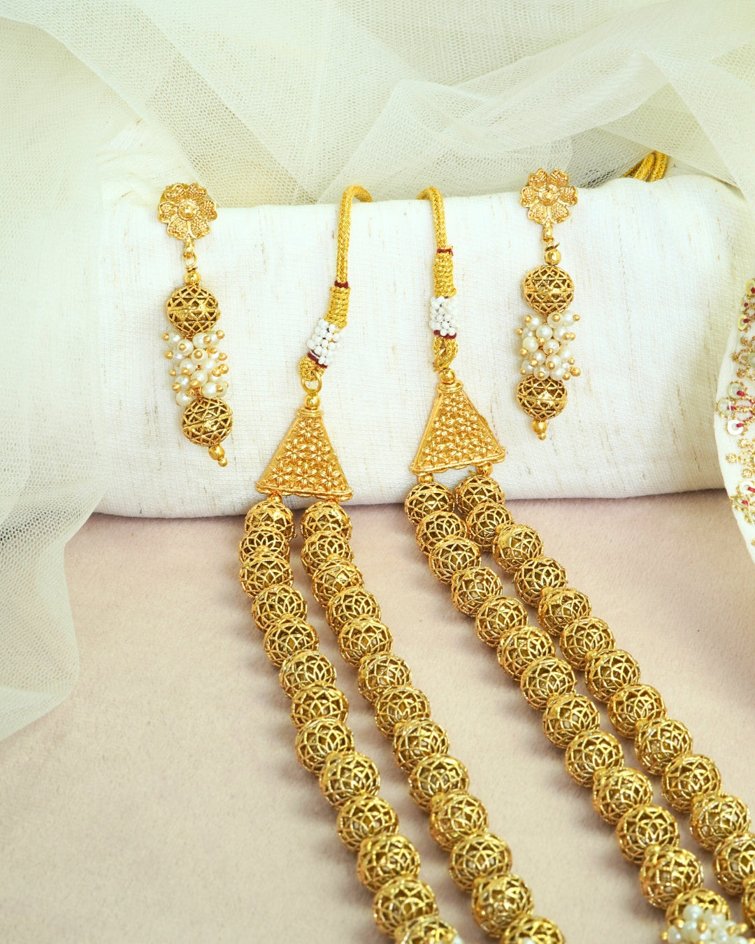 2-Layered Gold-Plated White Beaded Long Necklace Set
