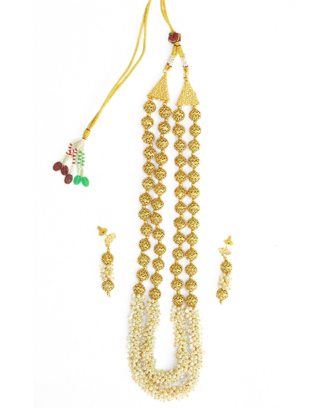 2-Layered Gold-Plated White Beaded Long Necklace Set