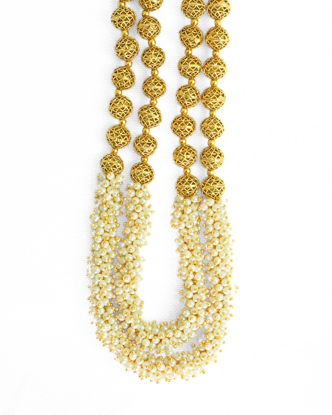 2-Layered Gold-Plated White Beaded Long Necklace Set