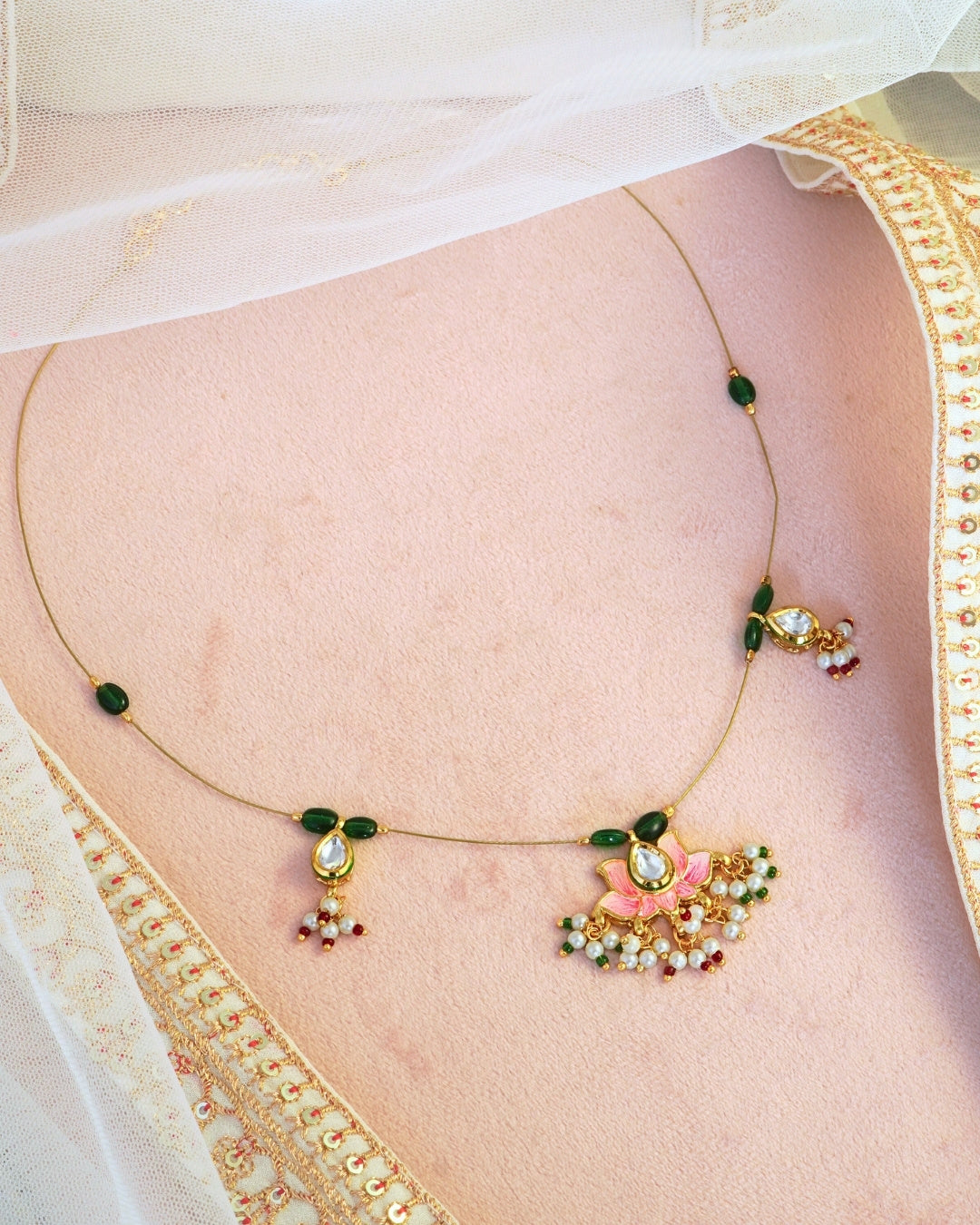 Lotus Kundan Studded Gold-Plated Invisible Wire Necklace