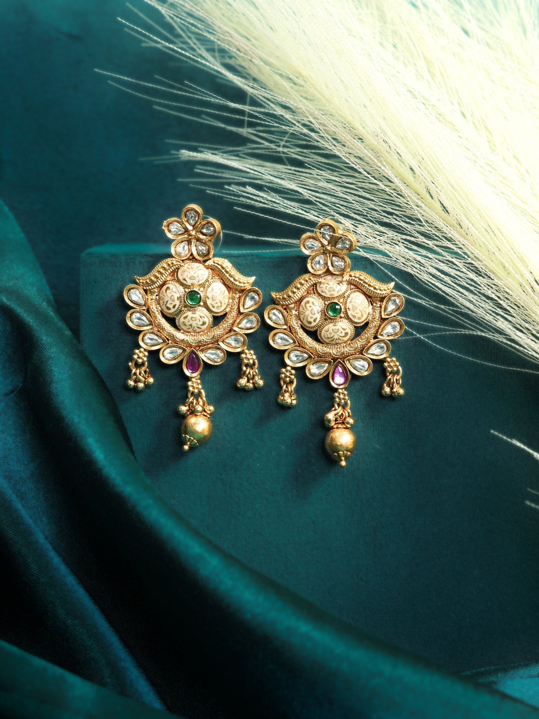 Floral Gold-Plated Stone Studded Drop Earrings