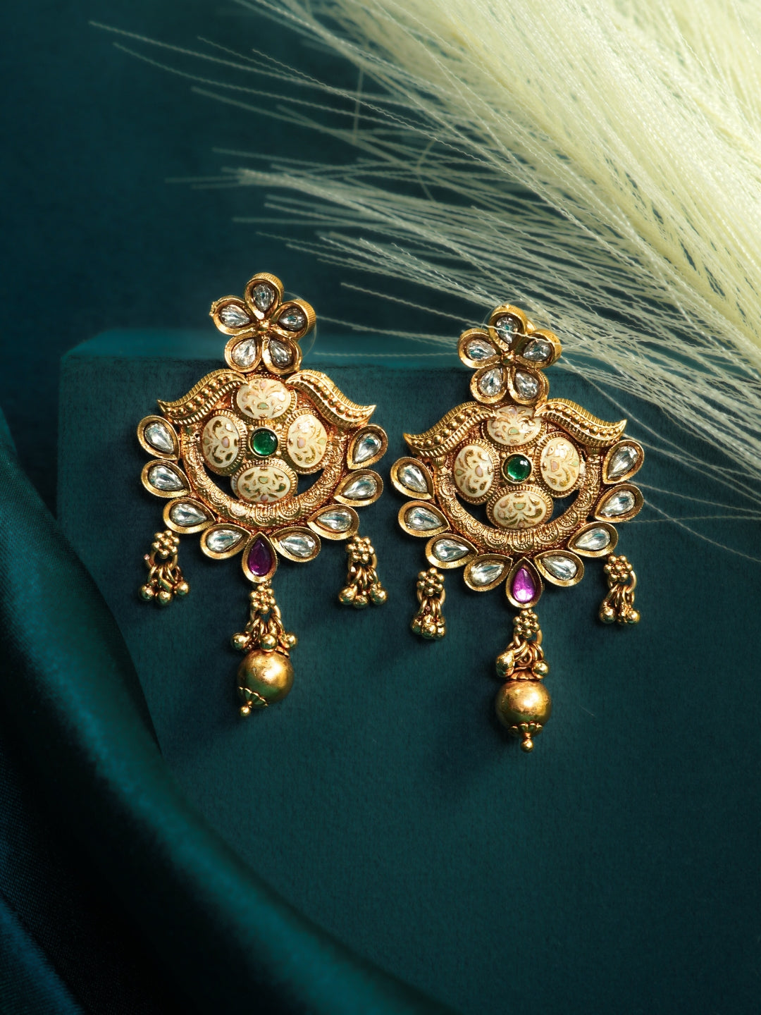 Floral Gold-Plated Stone Studded Drop Earrings