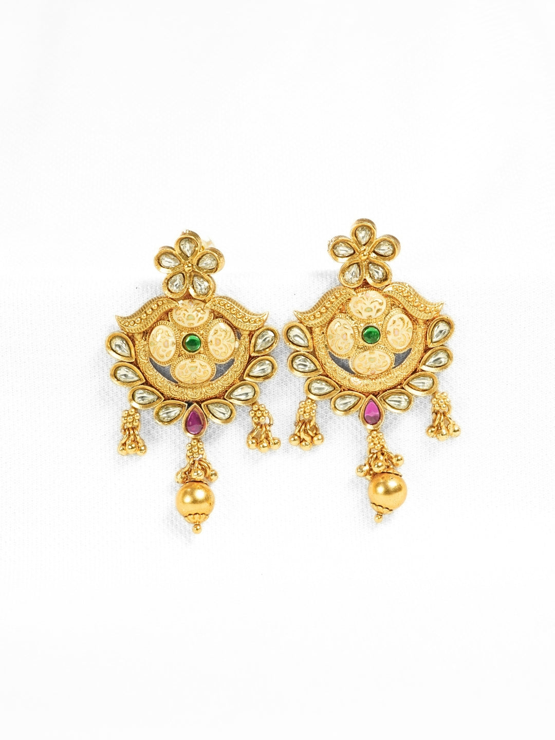 Floral Gold-Plated Stone Studded Drop Earrings