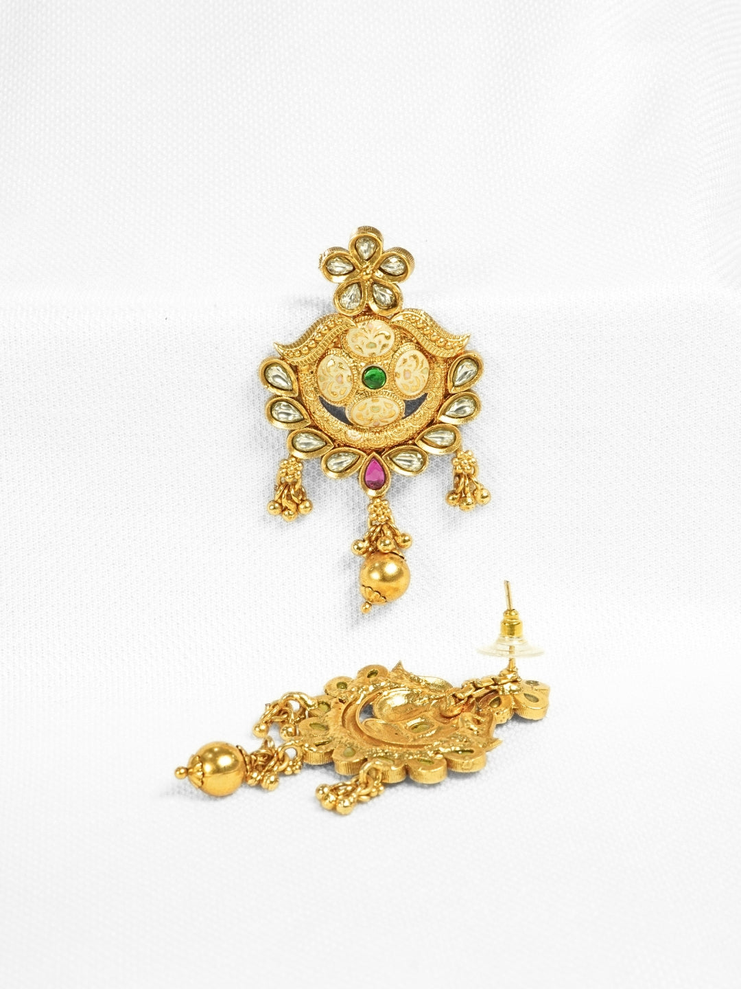Floral Gold-Plated Stone Studded Drop Earrings