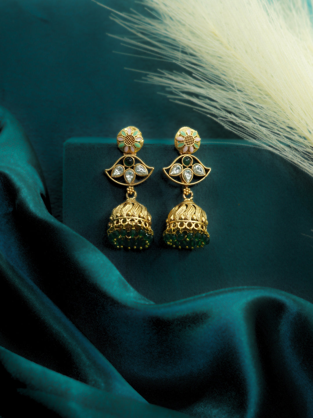 Long Gold-Toned Green Jhumka Earrings