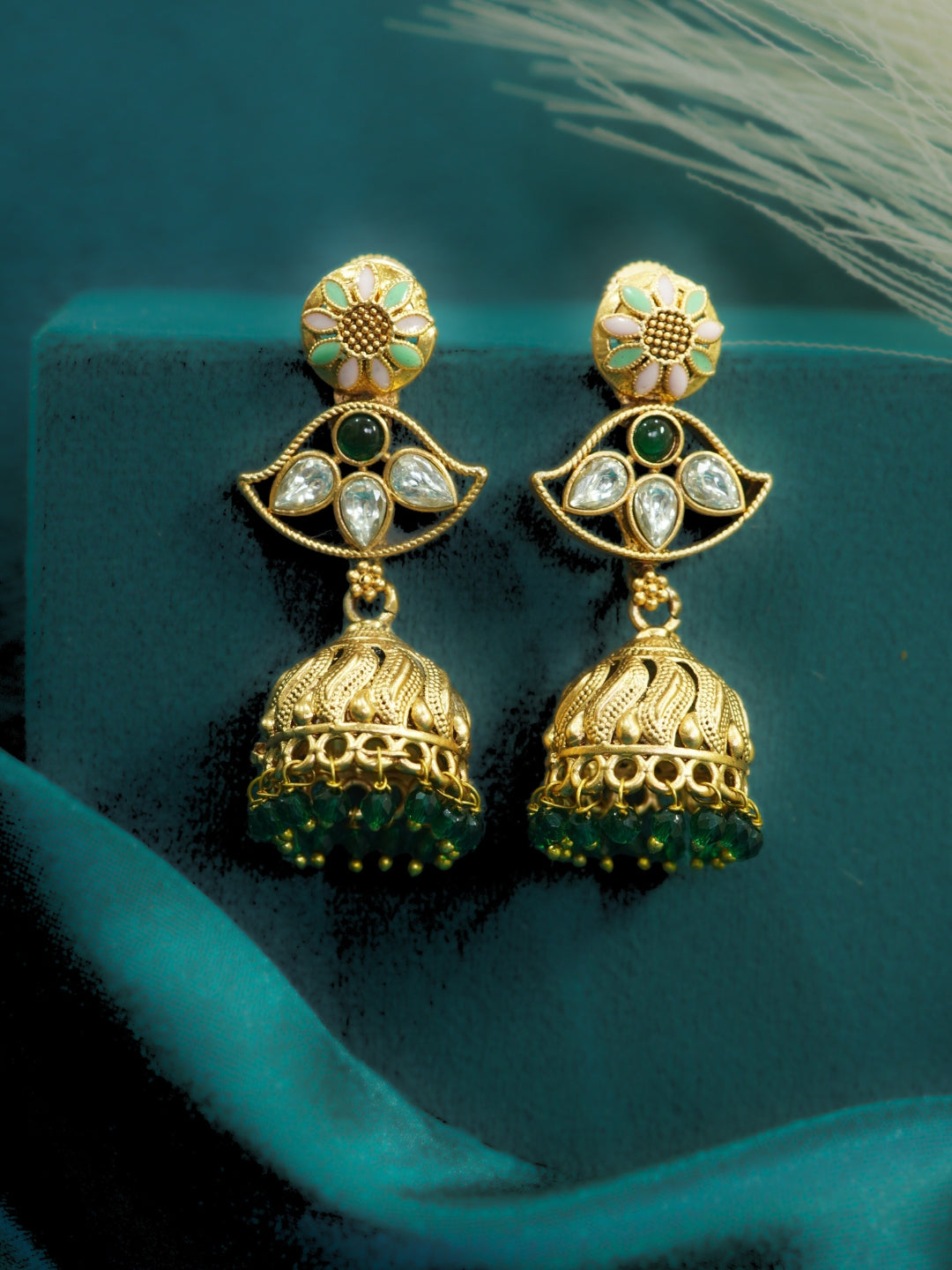 Long Gold-Toned Green Jhumka Earrings