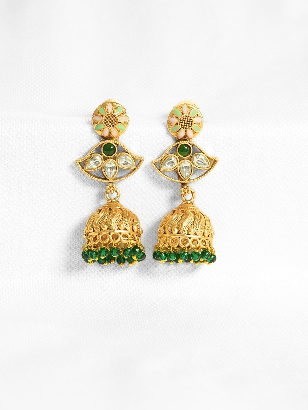 Long Gold-Toned Green Jhumka Earrings