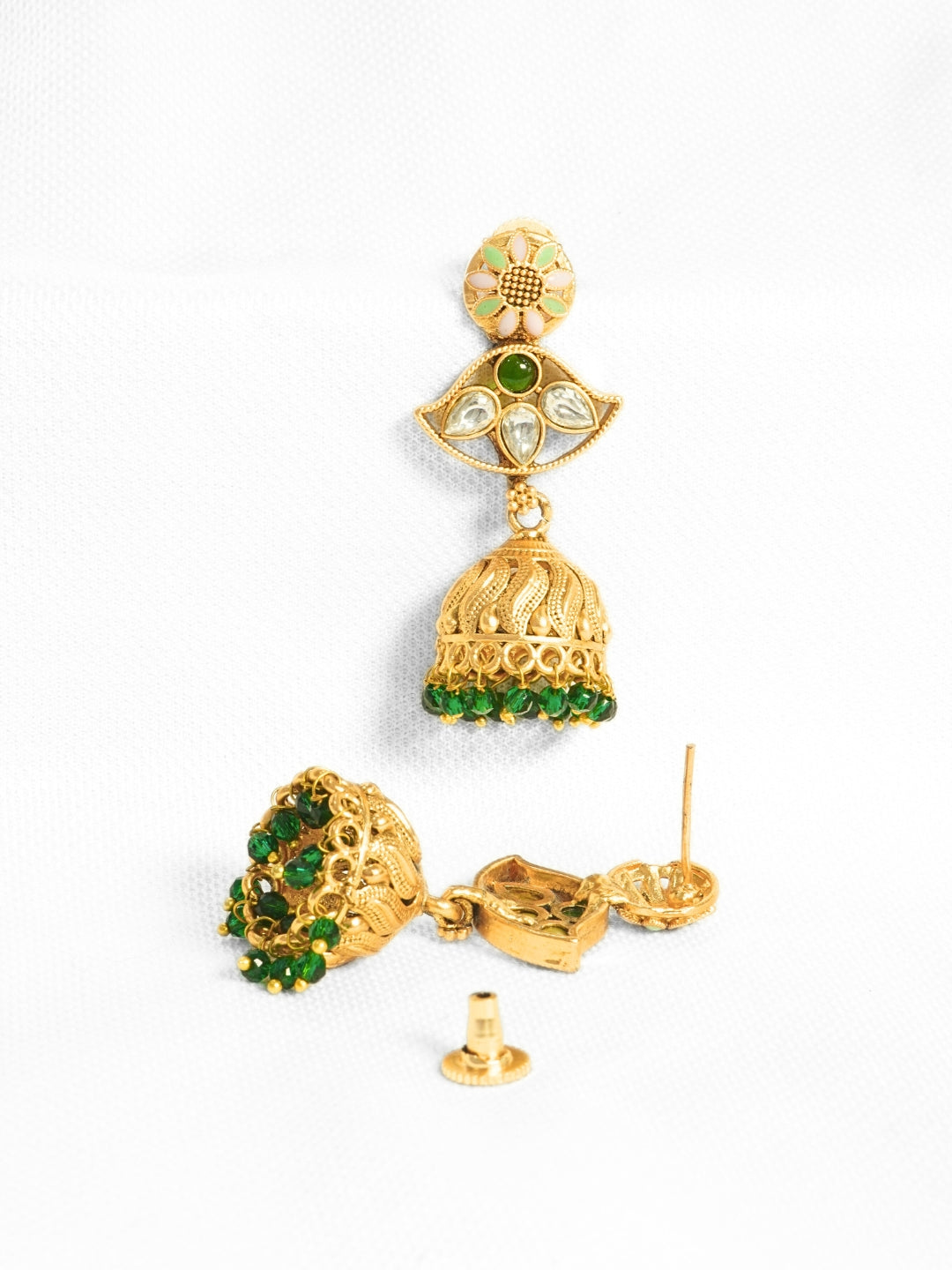 Long Gold-Toned Green Jhumka Earrings