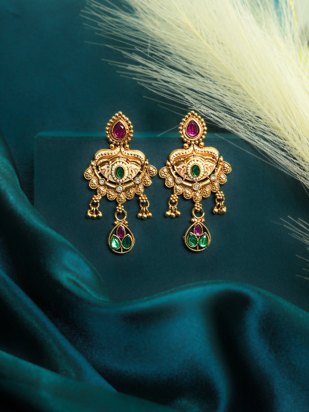 Geometric Gold-Plated Stone Studded Drop Earrings