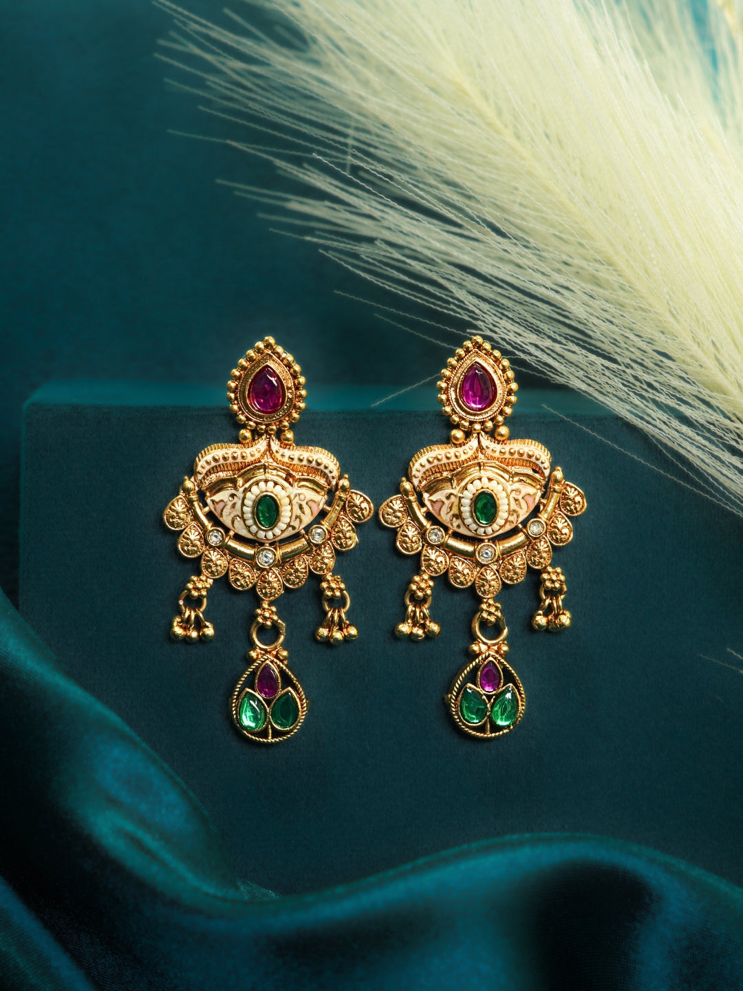 Geometric Gold-Plated Stone Studded Drop Earrings