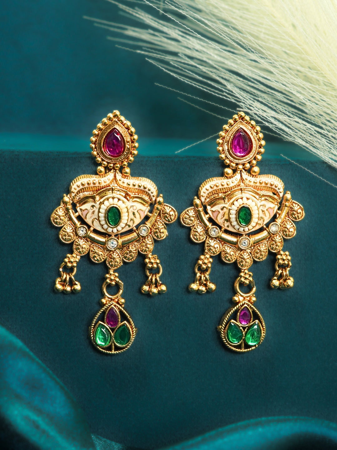 Geometric Gold-Plated Stone Studded Drop Earrings