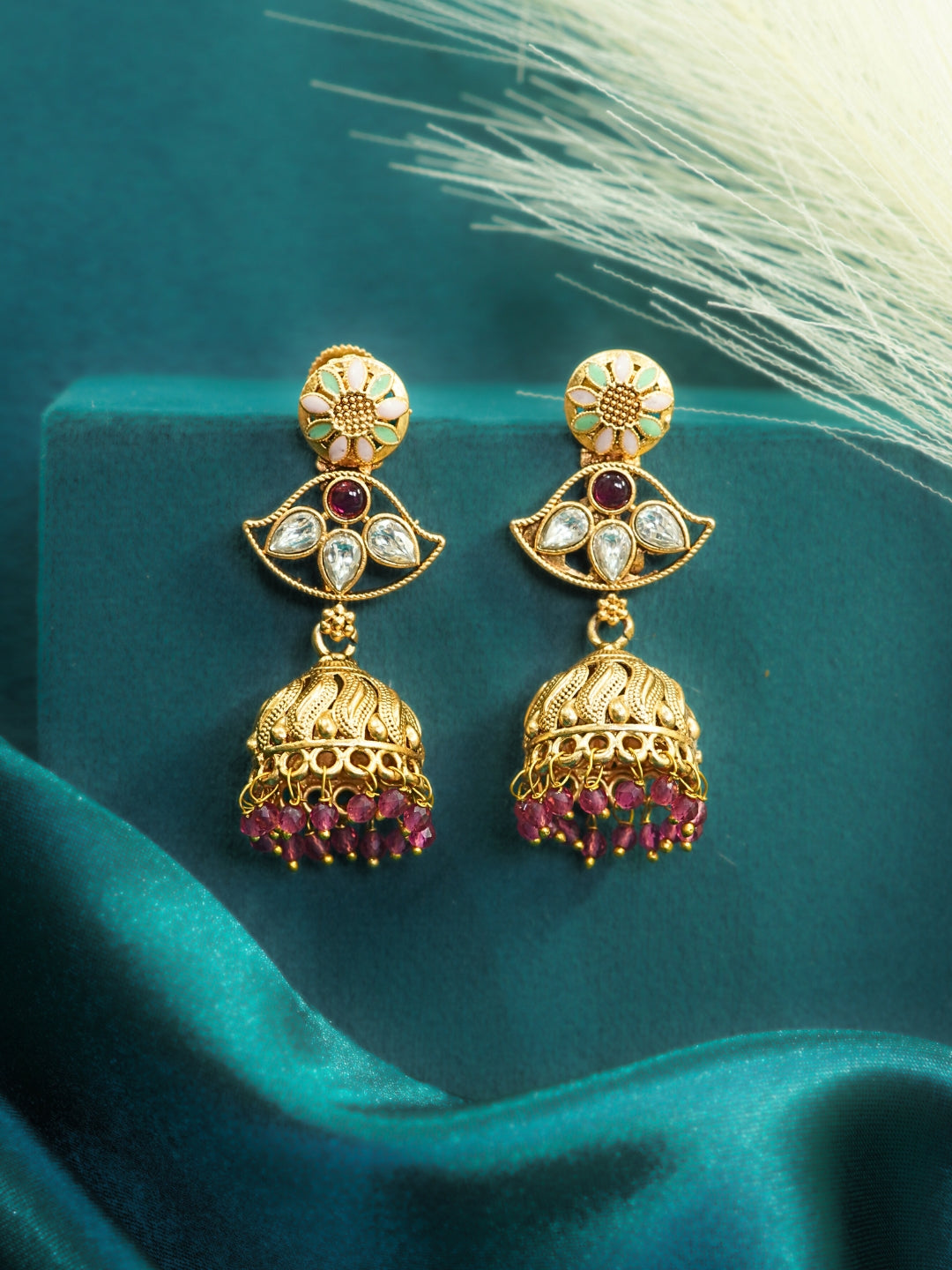 Long Gold-Toned Red Jhumka Earrings