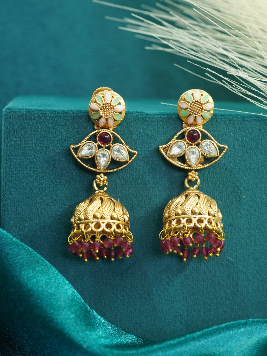 Long Gold-Toned Red Jhumka Earrings