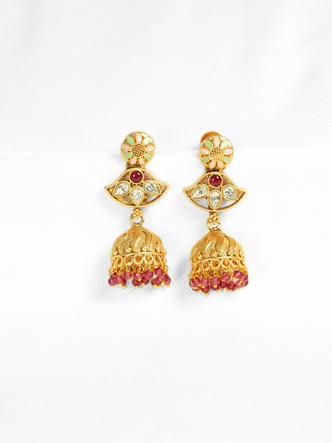 Long Gold-Toned Red Jhumka Earrings
