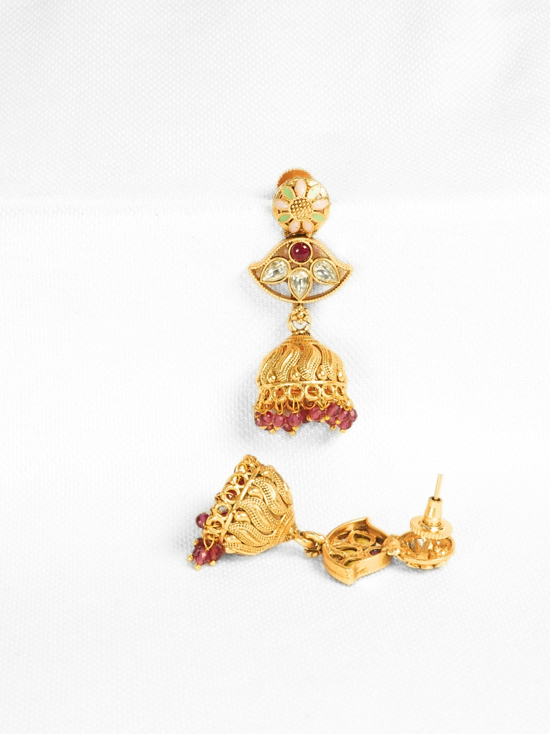 Long Gold-Toned Red Jhumka Earrings