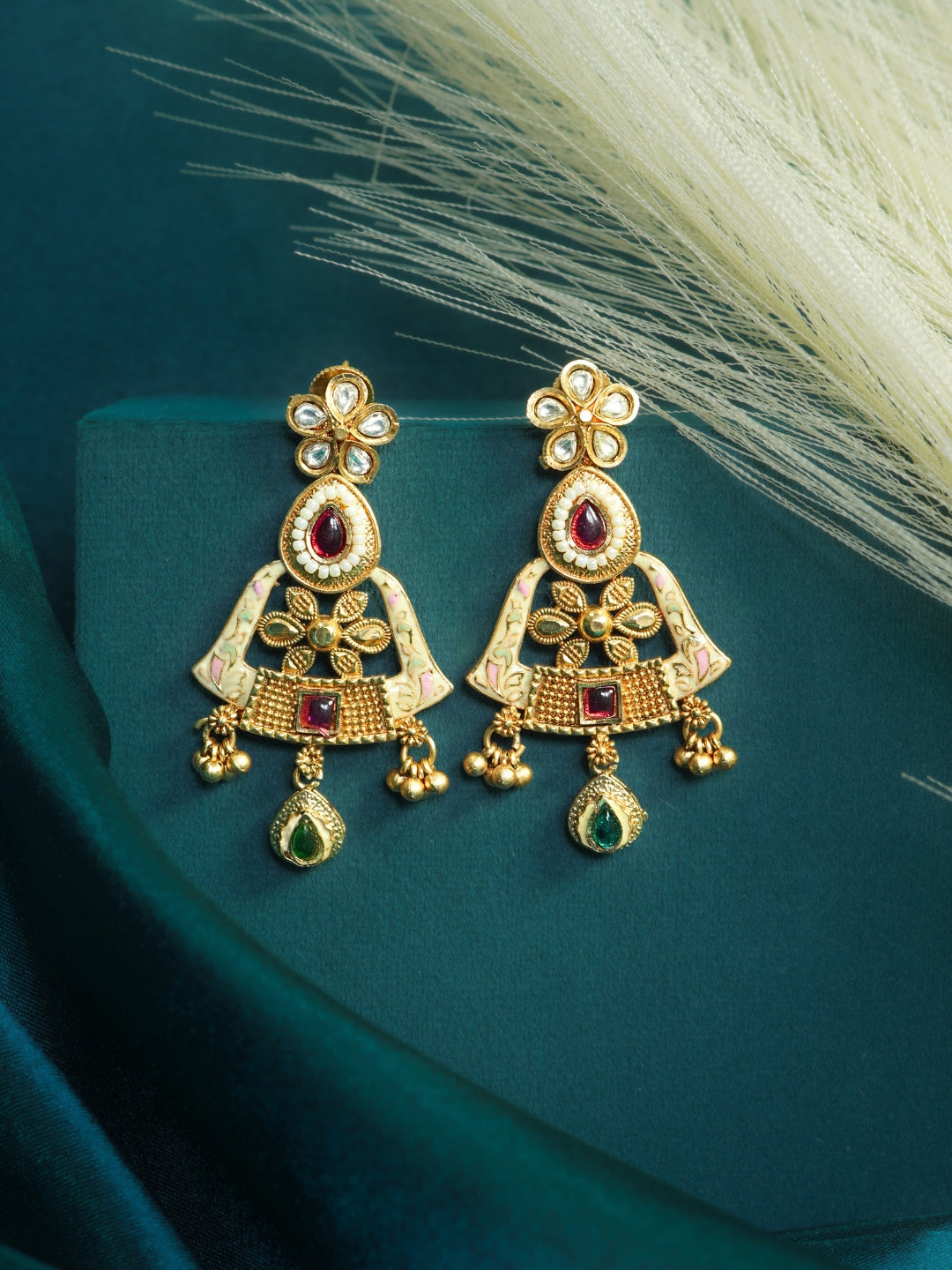Floral Pearl & Stone Studded Gold-Plated Drop Earrings