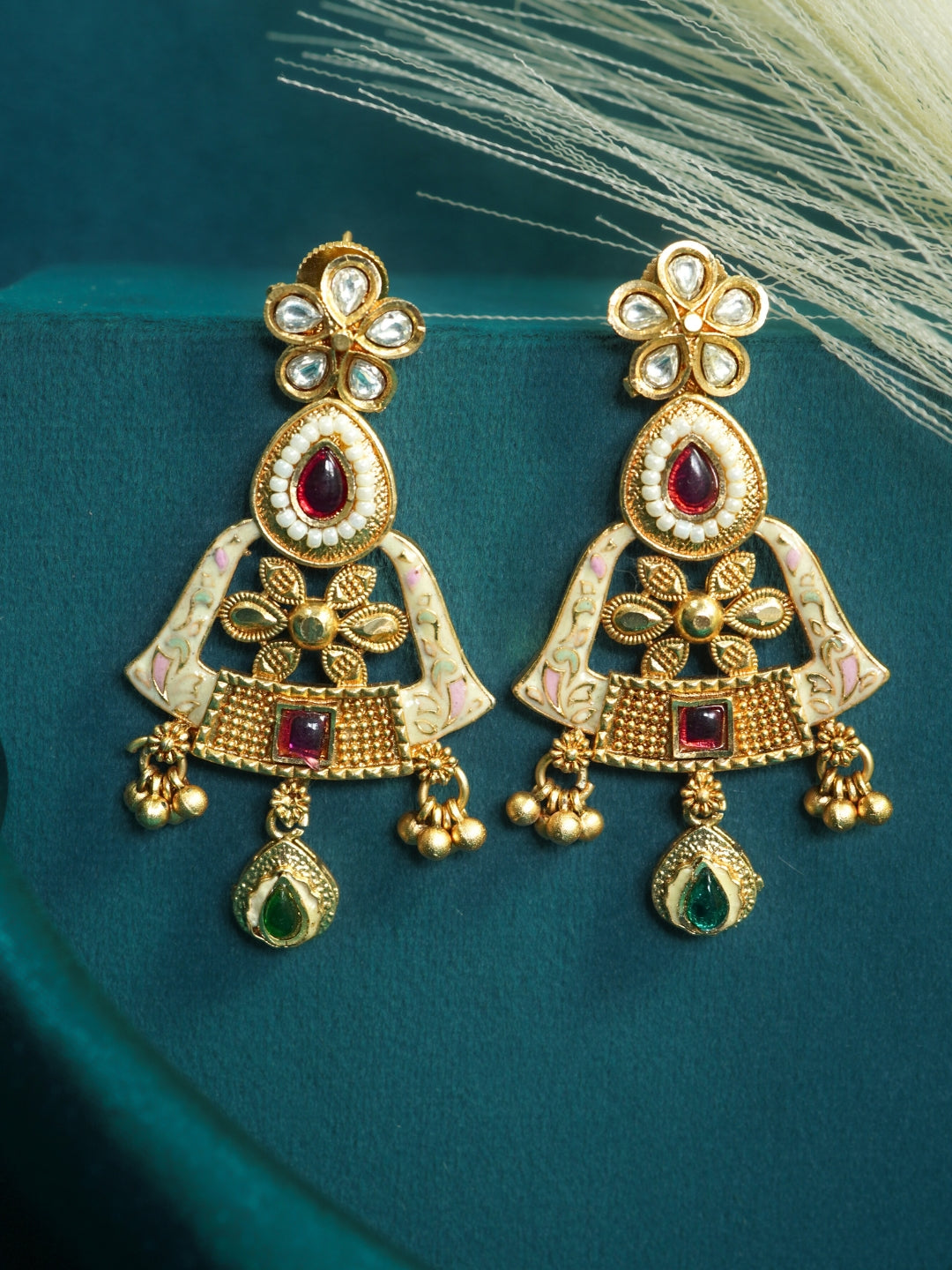 Floral Pearl & Stone Studded Gold-Plated Drop Earrings